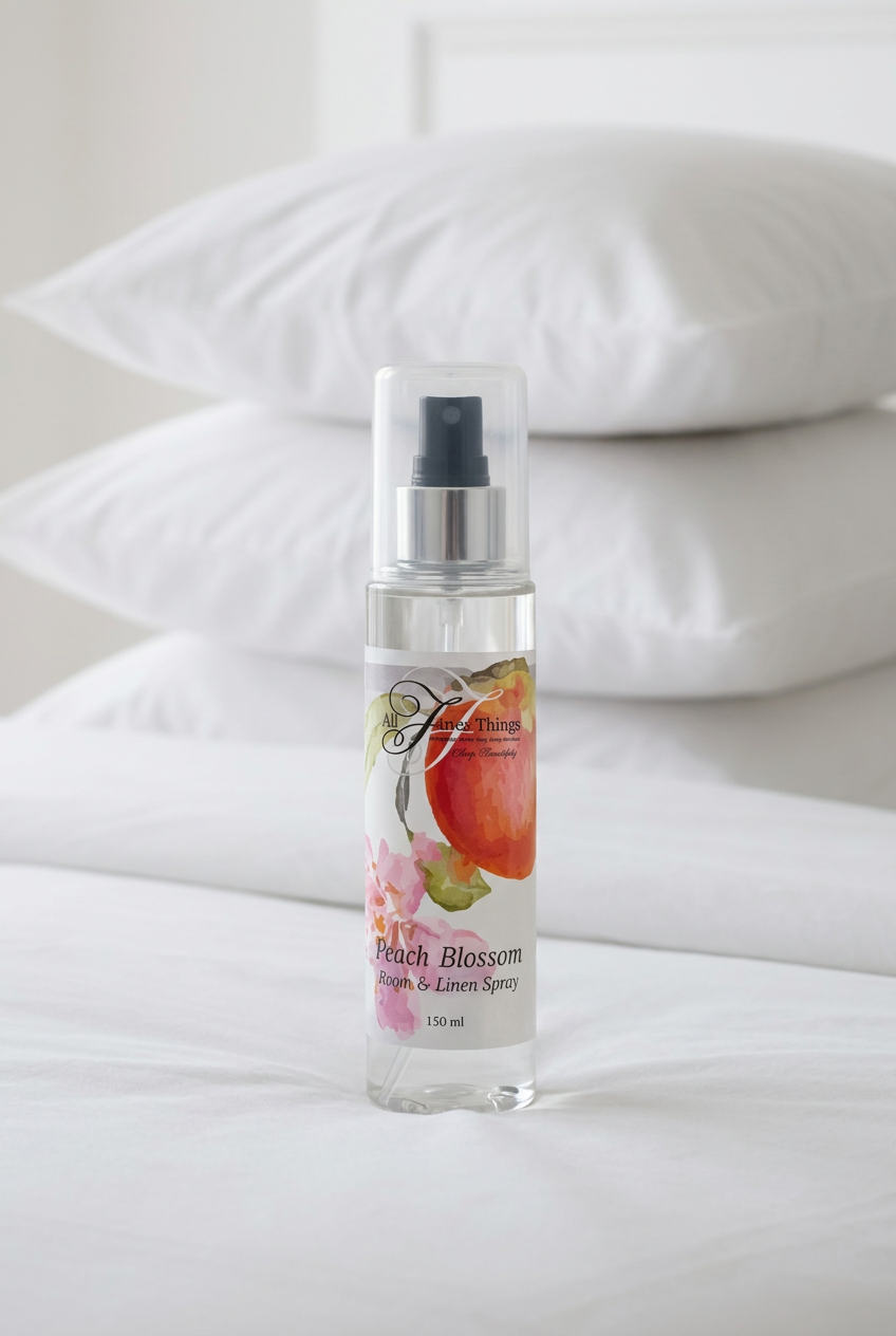 Peach Blossom Room & Linen Spray standing upright on a white bed with stacked white pillows.