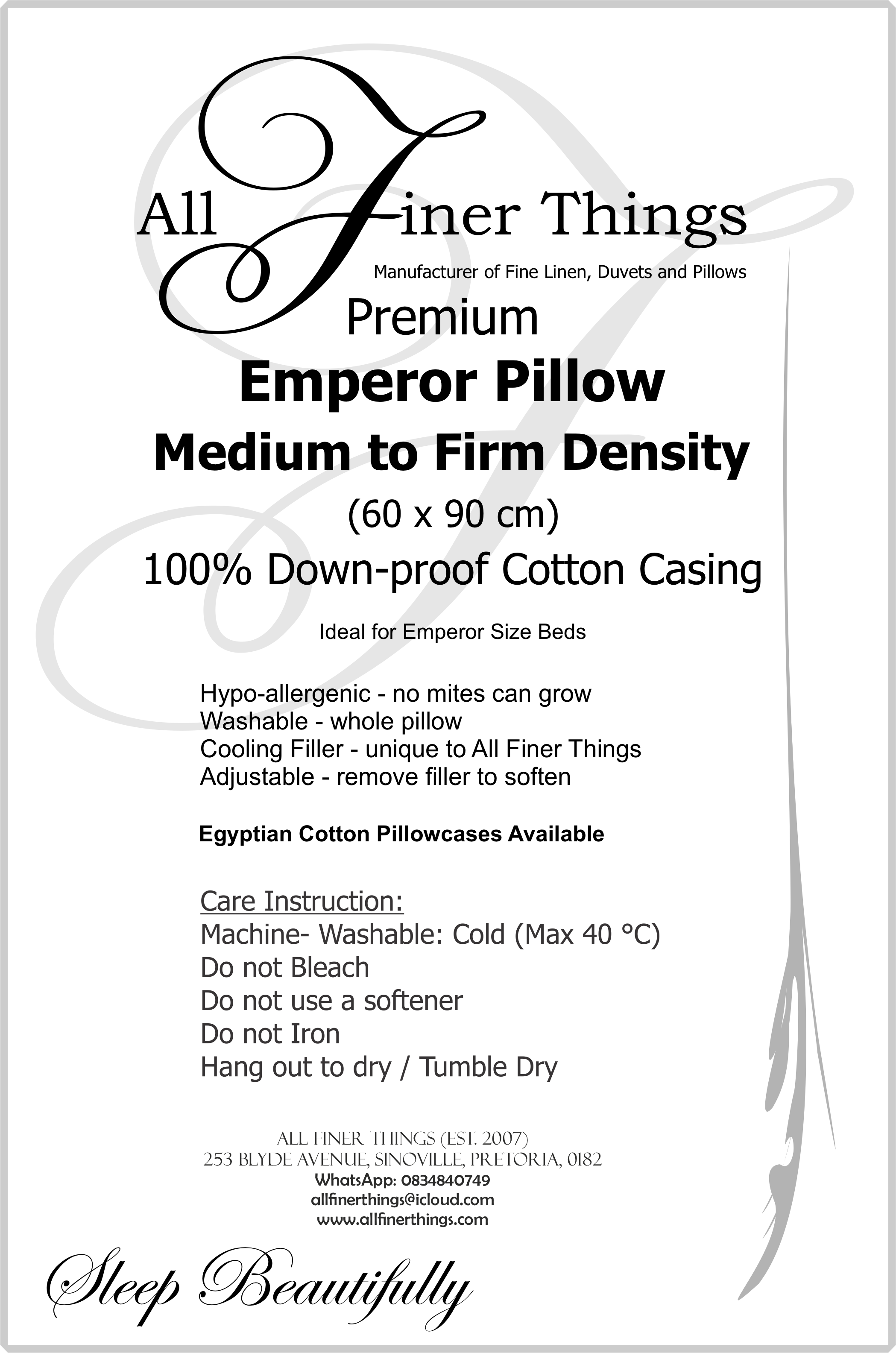 Product information for Emperor washable pillow, 60 × 90 cm
