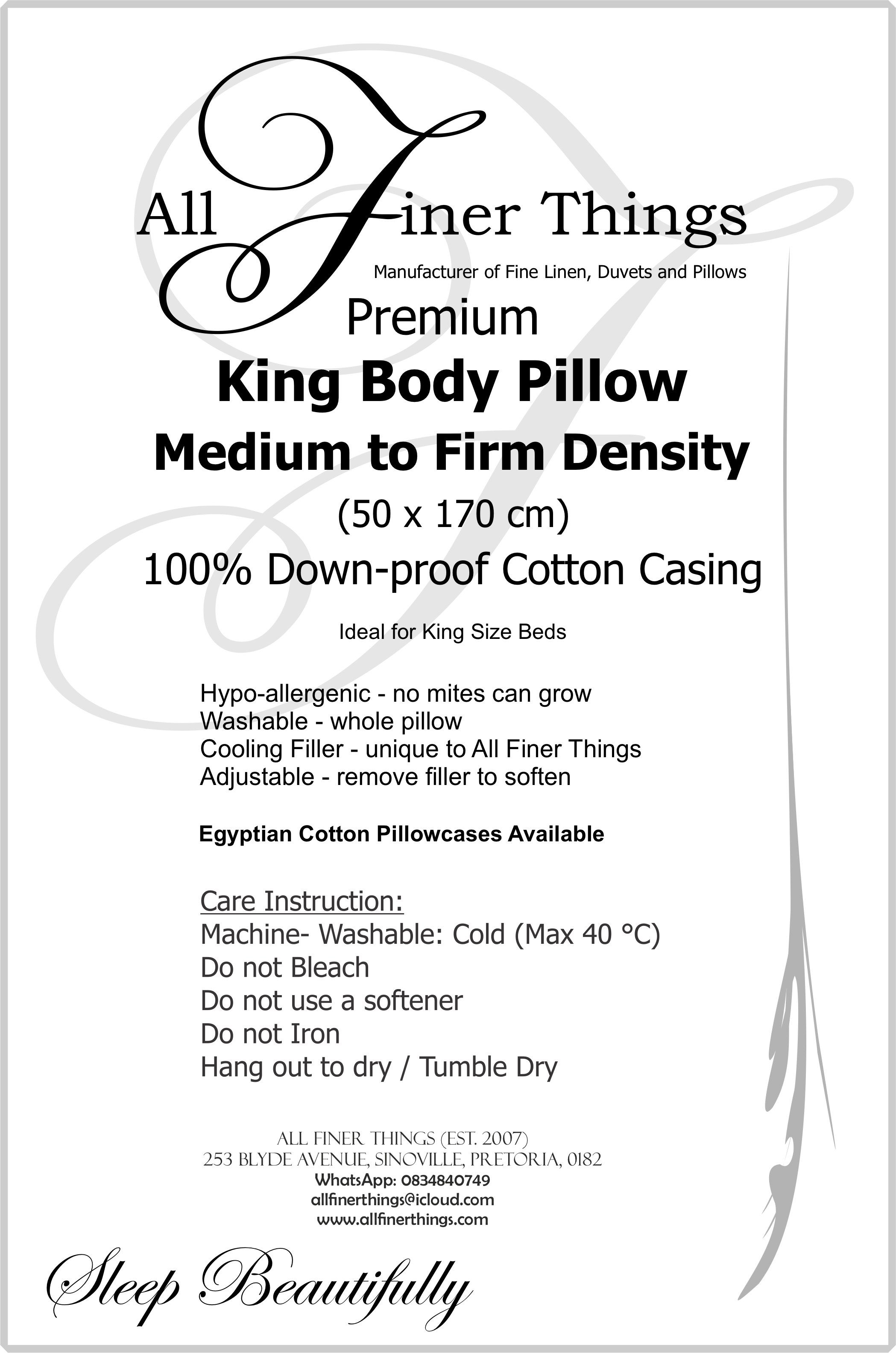 Product information for King body pillow, 50 × 170 cm