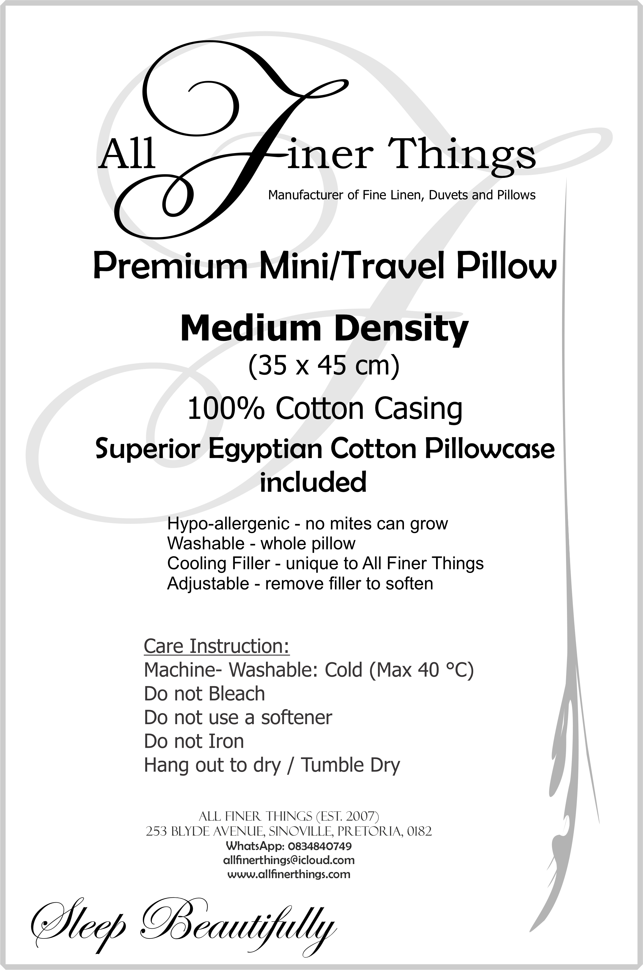 Product information for Mini travel washable pillow, 35 × 45 cm