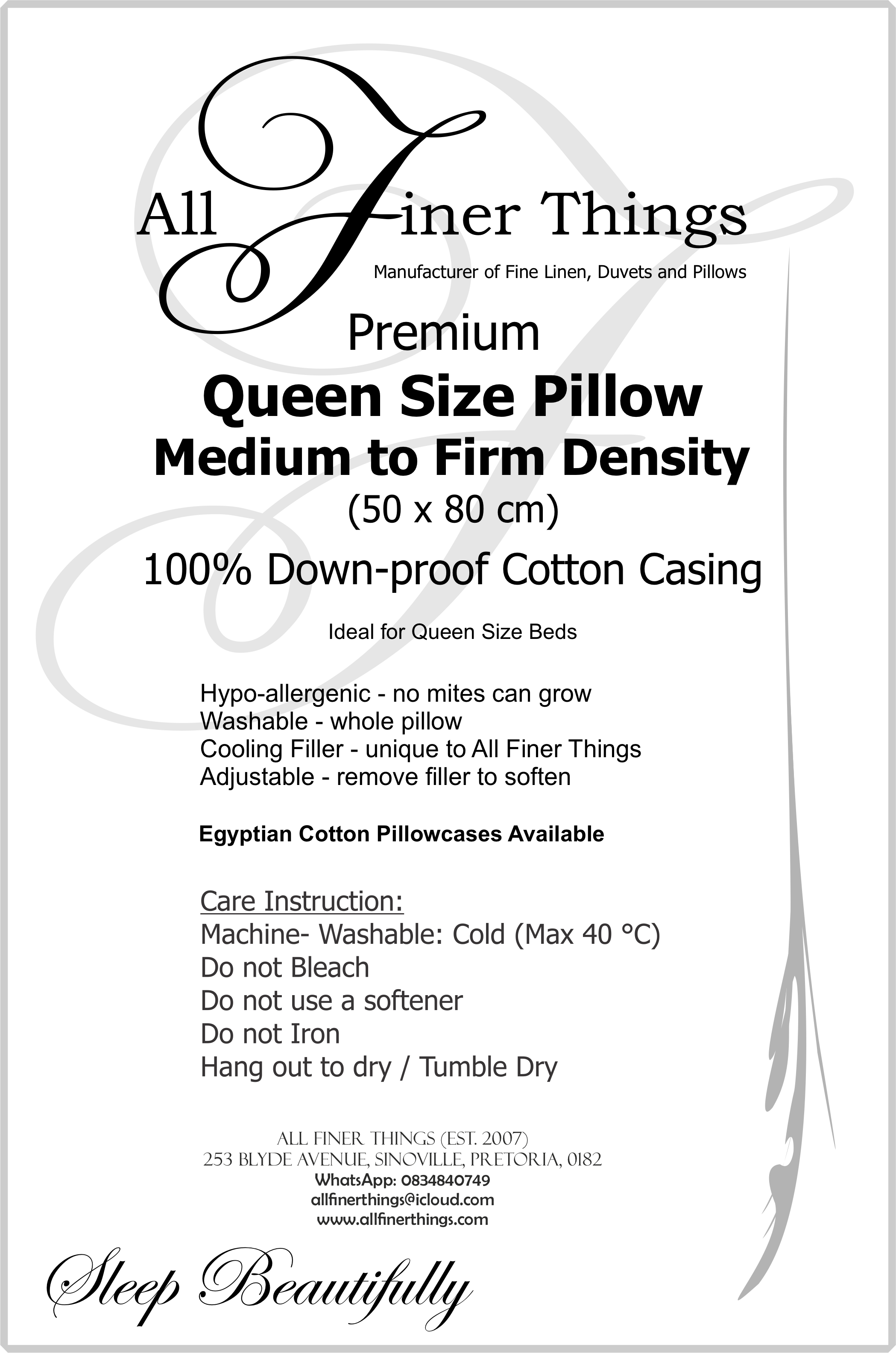 Product information for Queen-size washable pillow, 50 × 80 cm