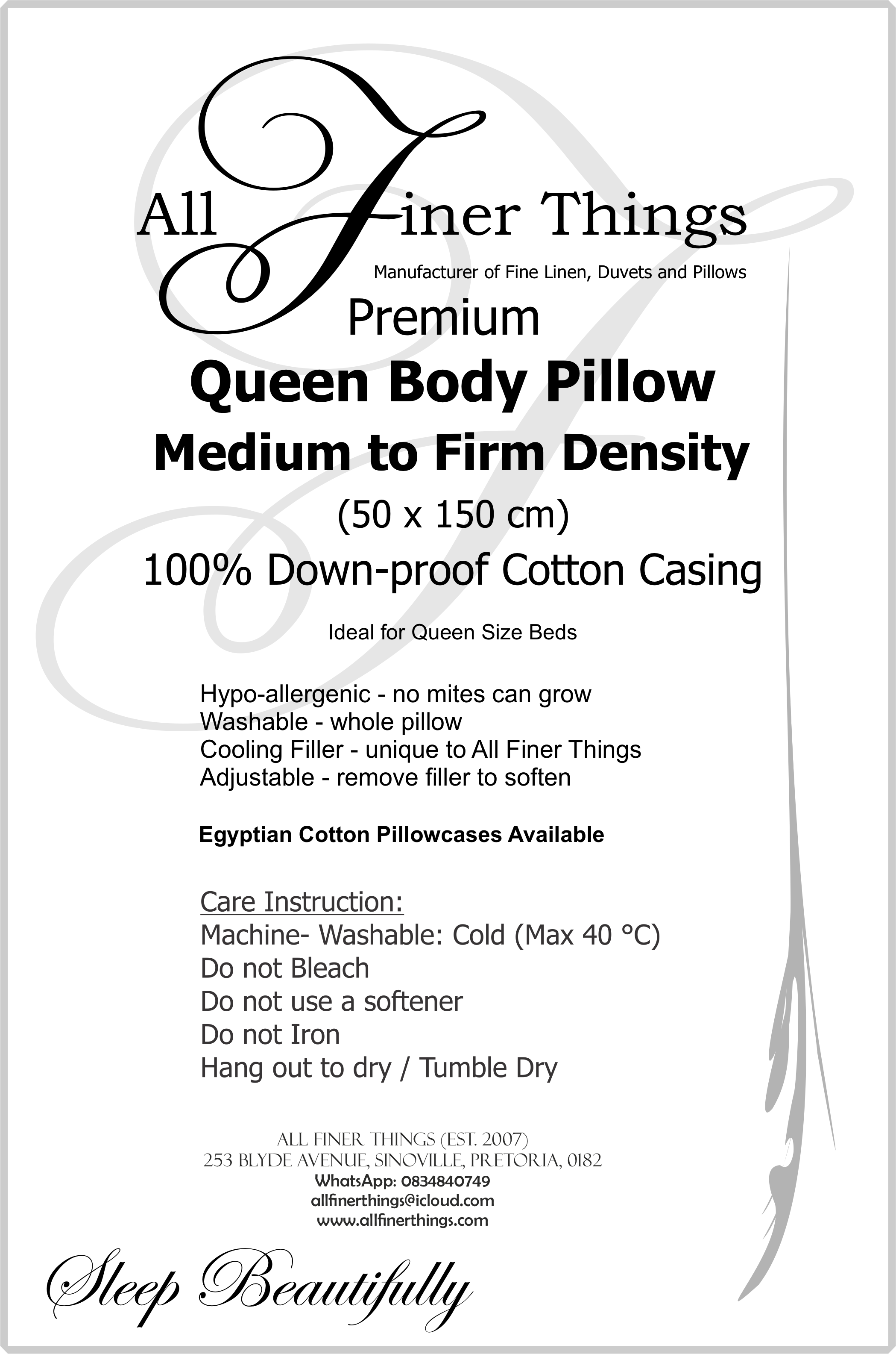 Product information for Queen body pillow, 50 × 150 cm