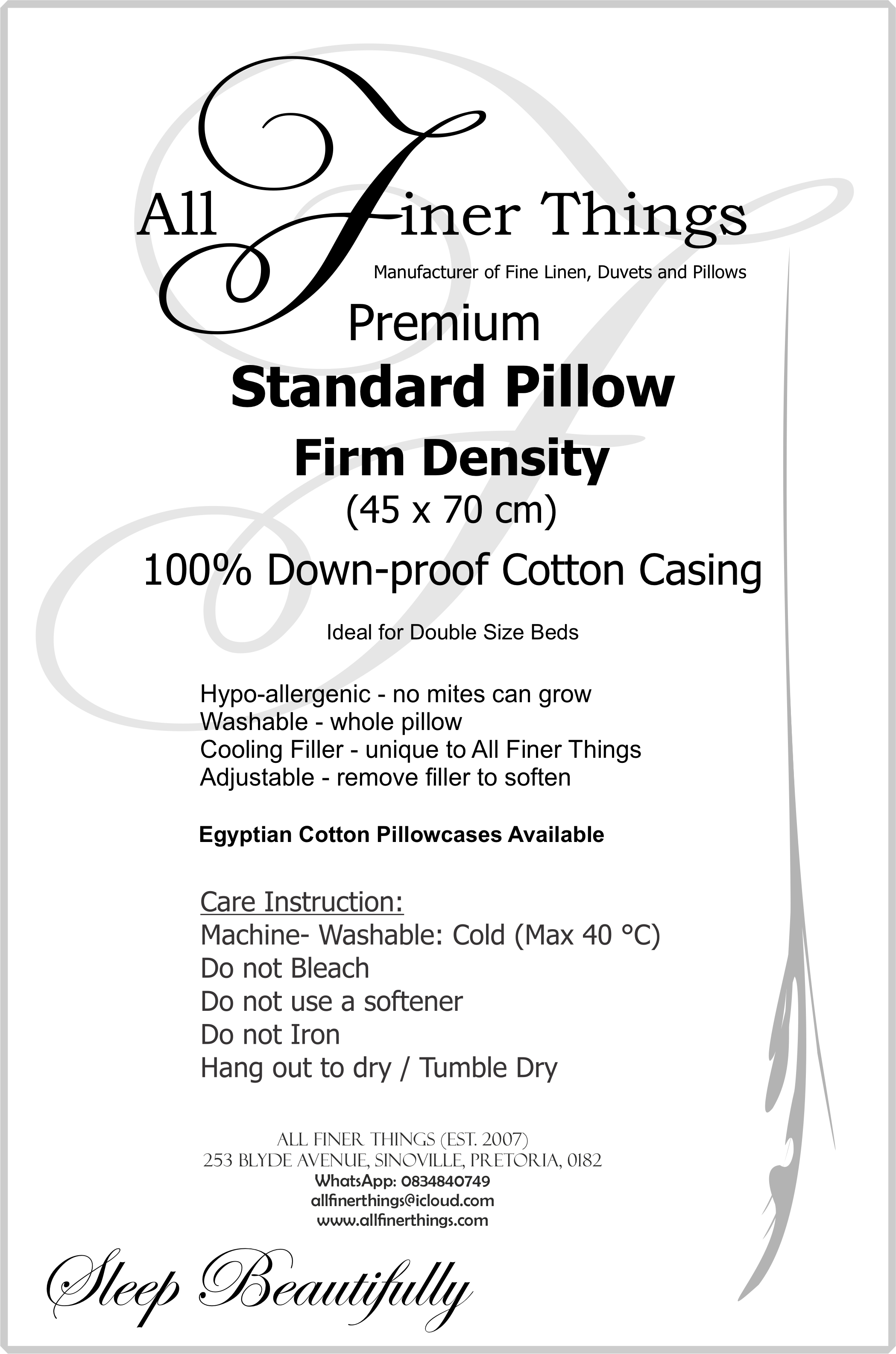 Product information for Standard firm washable pillow, 45 × 70 cm