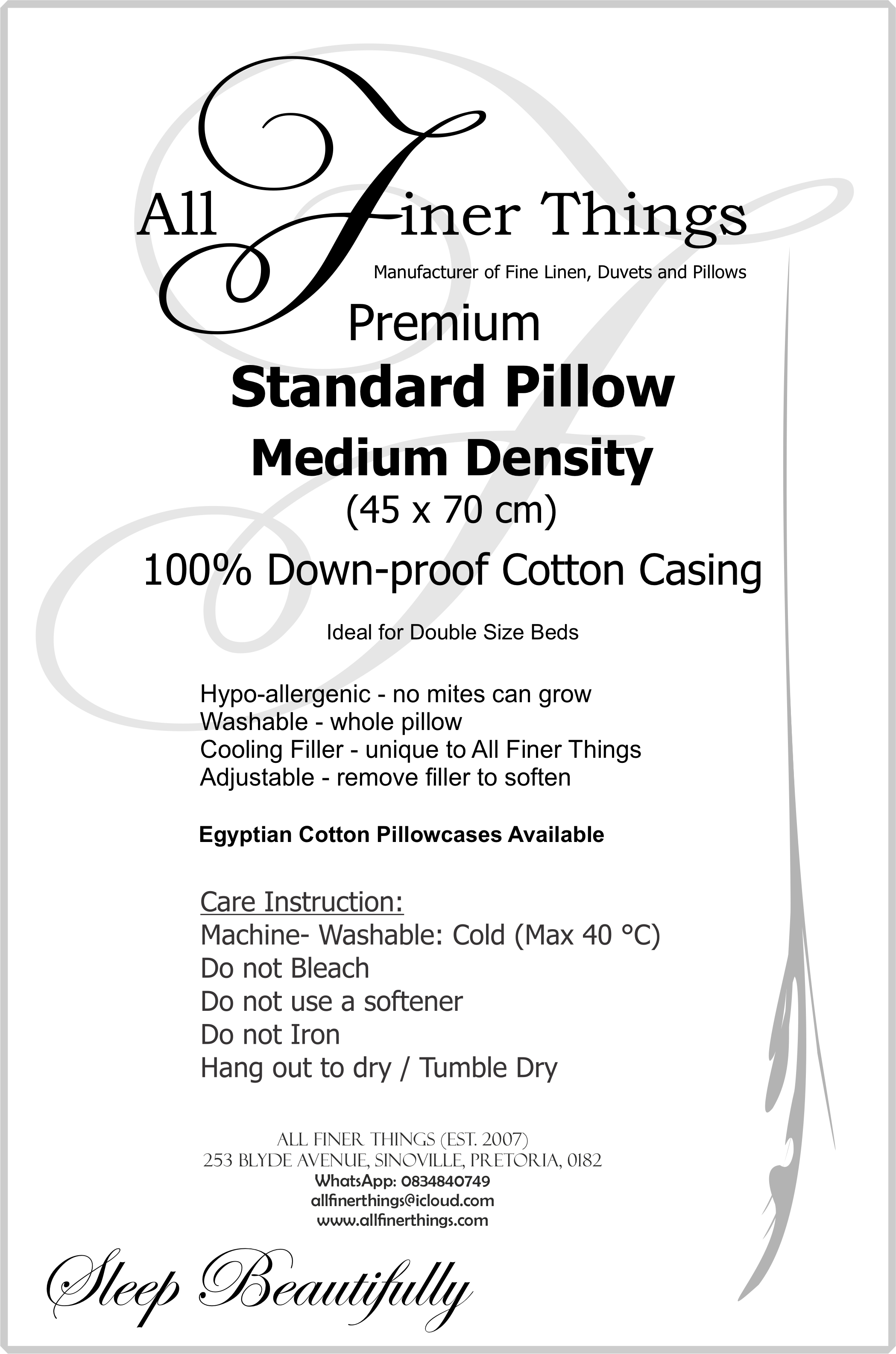 Product information for Standard medium washable pillow, 45 × 70 cm