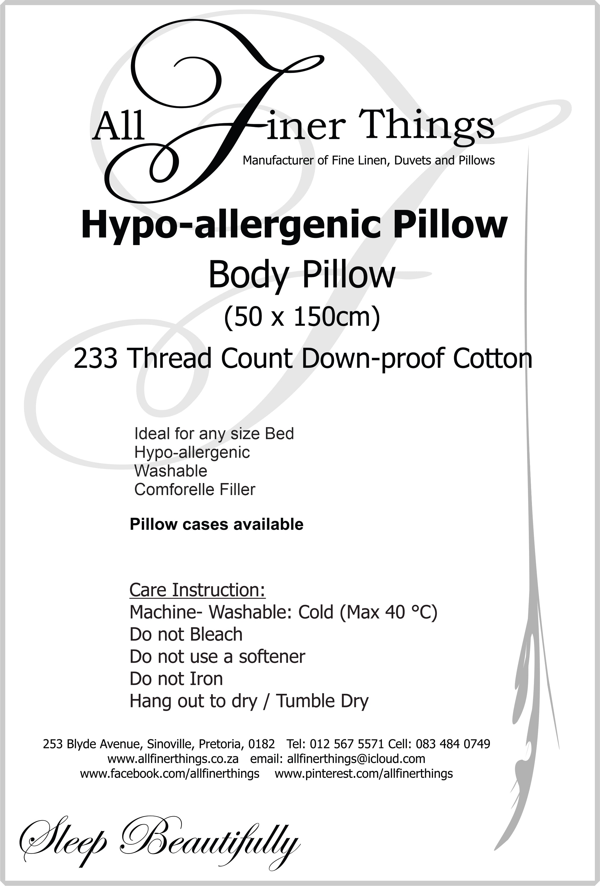 Pillows by All Finer Things: Washable Hypoallergenic - All Sizes Available