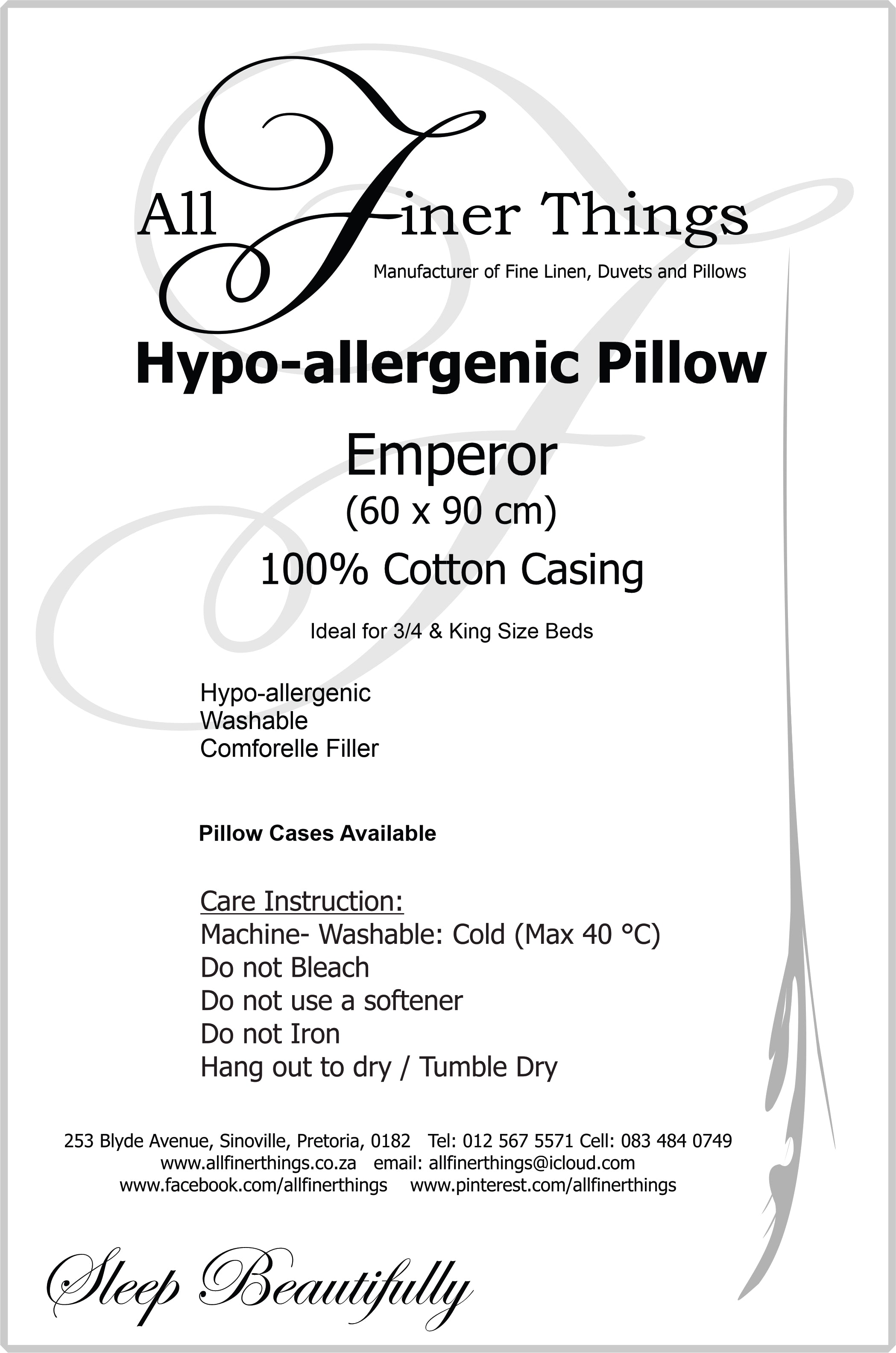 Pillows by All Finer Things: Washable Hypoallergenic - All Sizes Available