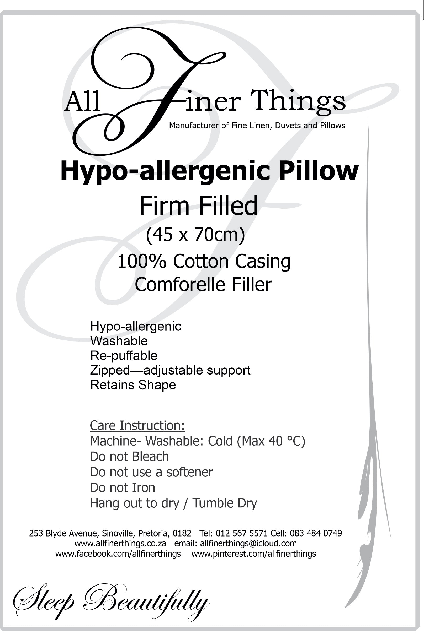 Pillows by All Finer Things: Washable Hypoallergenic - All Sizes Available