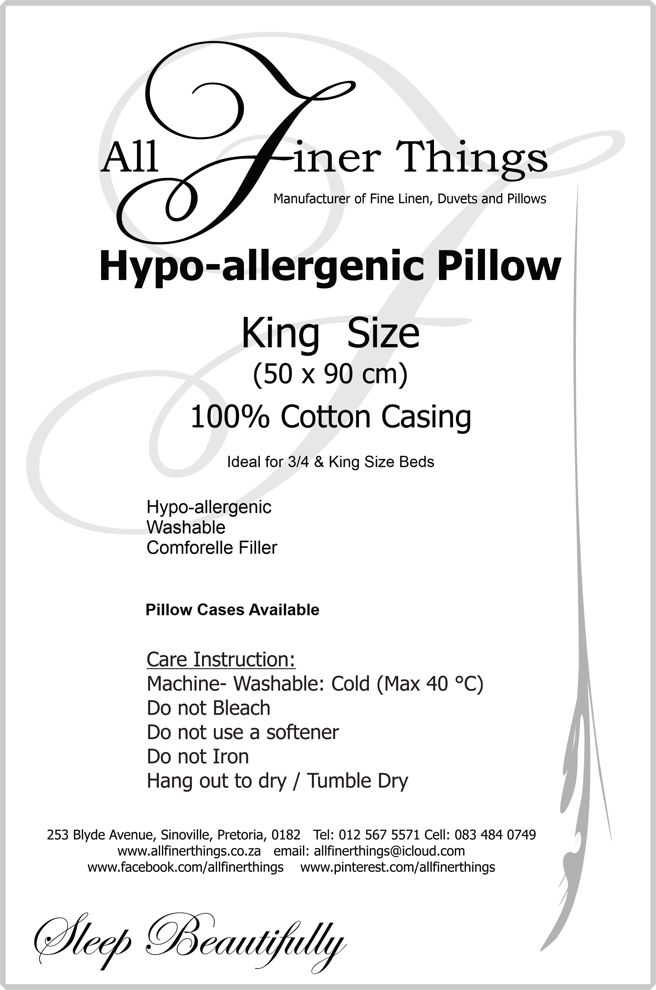 Pillows by All Finer Things: Washable Hypoallergenic - All Sizes Available