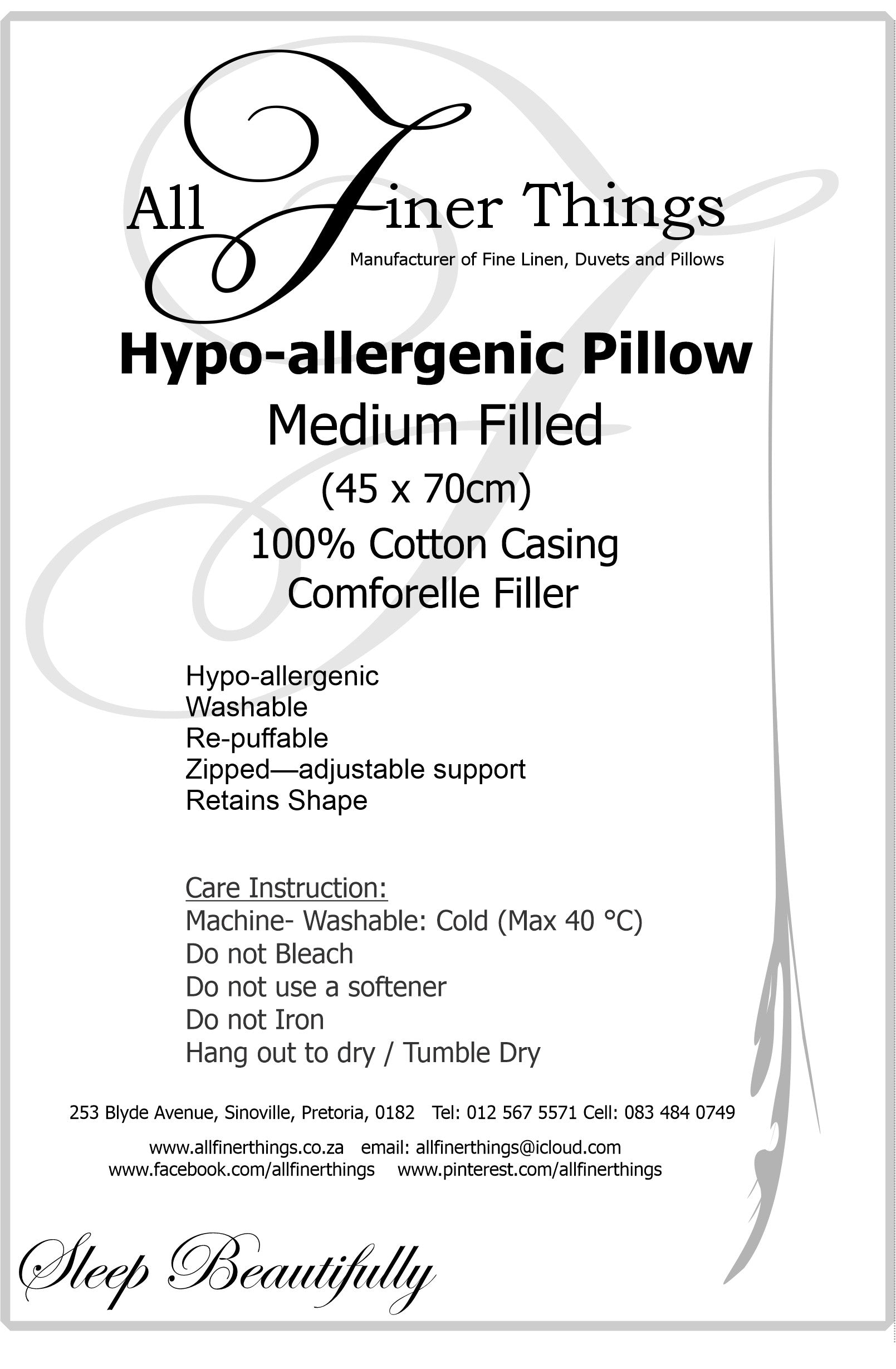Pillows by All Finer Things: Washable Hypoallergenic - All Sizes Available