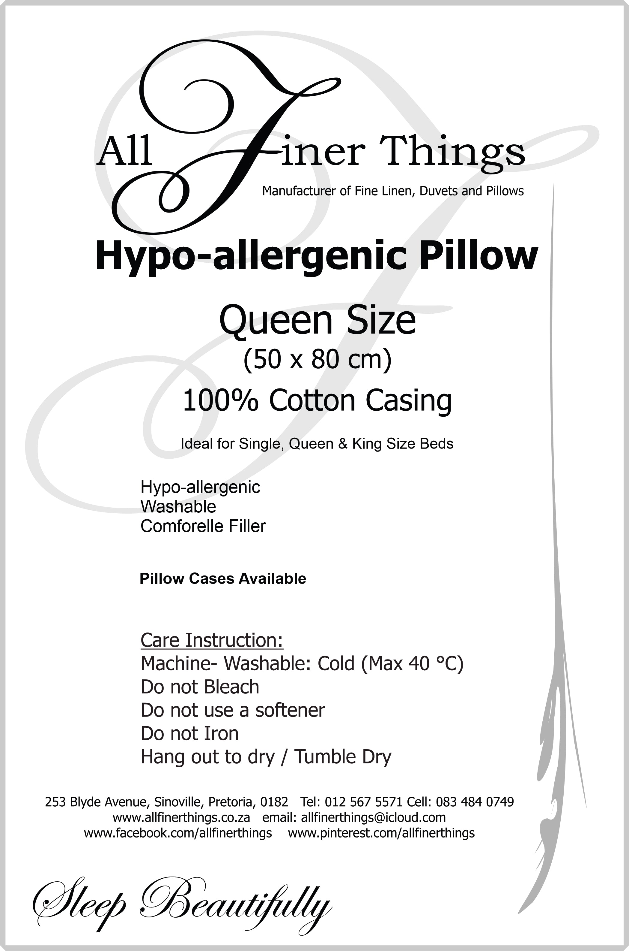 Pillows by All Finer Things: Washable Hypoallergenic - All Sizes Available